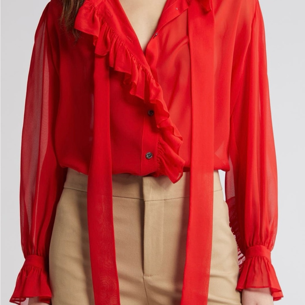 Frame Denim Red Puff Sleeve Ruffled Blouse